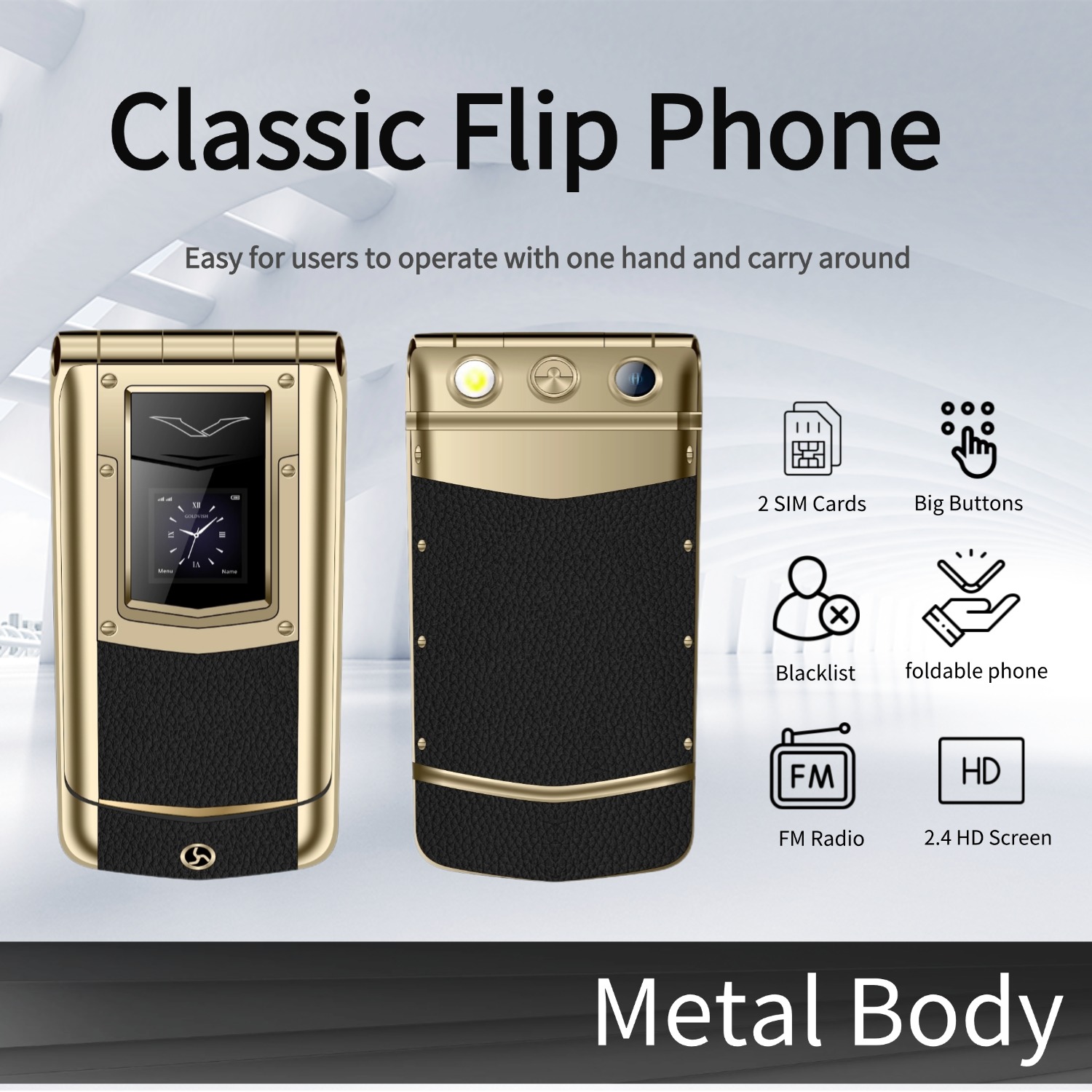 Tft Display 2.4 - Telefone flip de metal luxuoso para